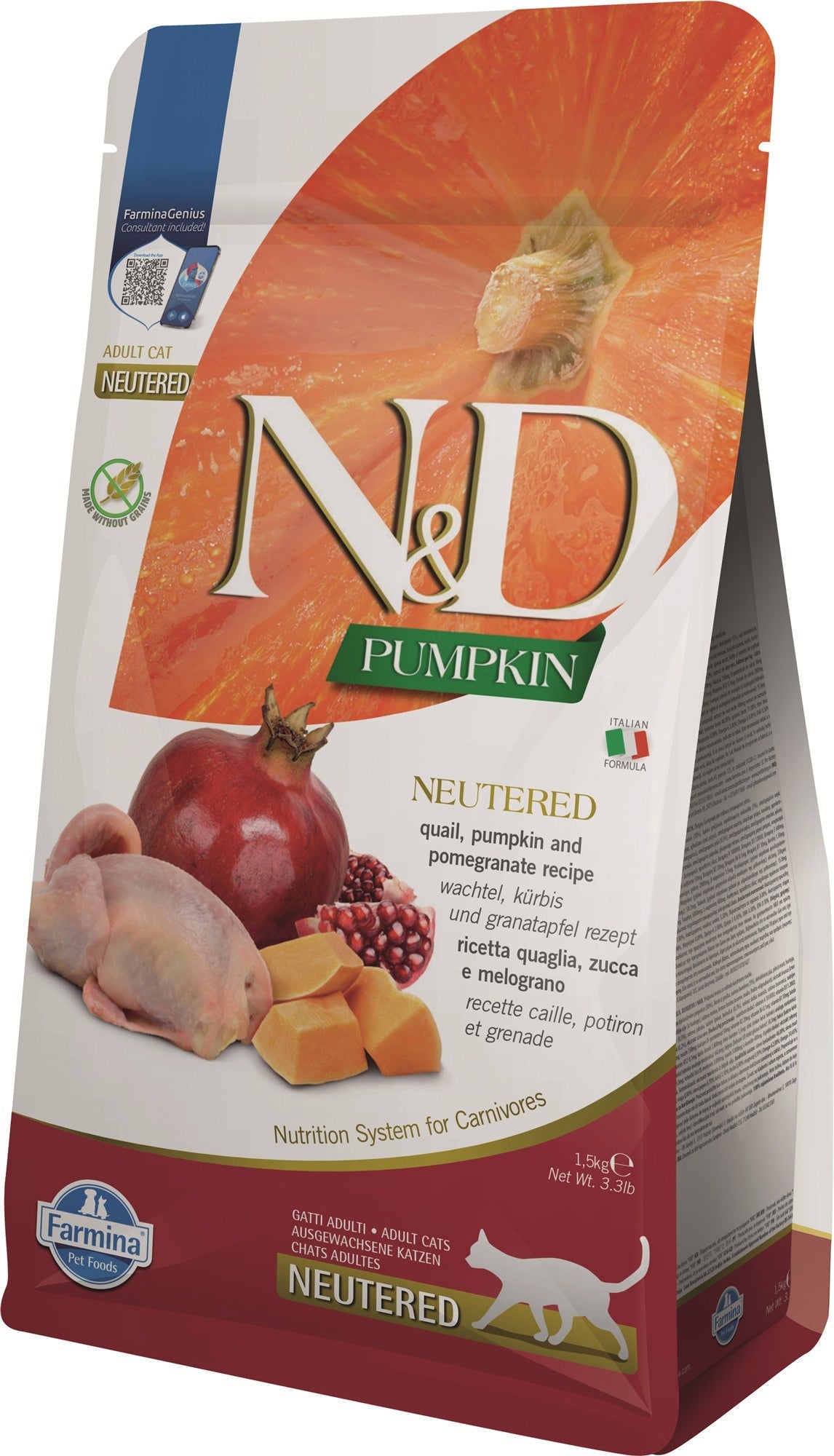 Farmina N&D Cat — Pumpkin Codorniz, Granada Adult Neutered 1.5Kg — 8010276035424