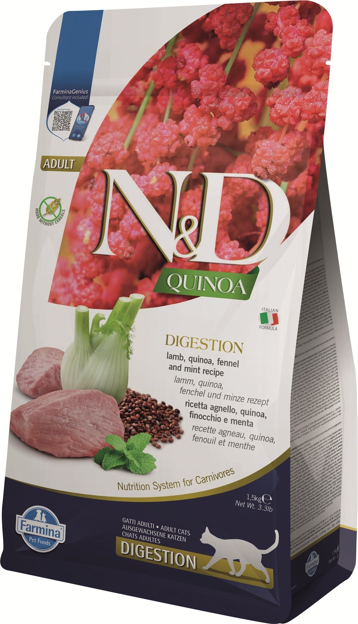 Farmina N&D Cat — Quinoa Digestion Cordero, Hinojo Adult 1,5Kg — 8010276035790