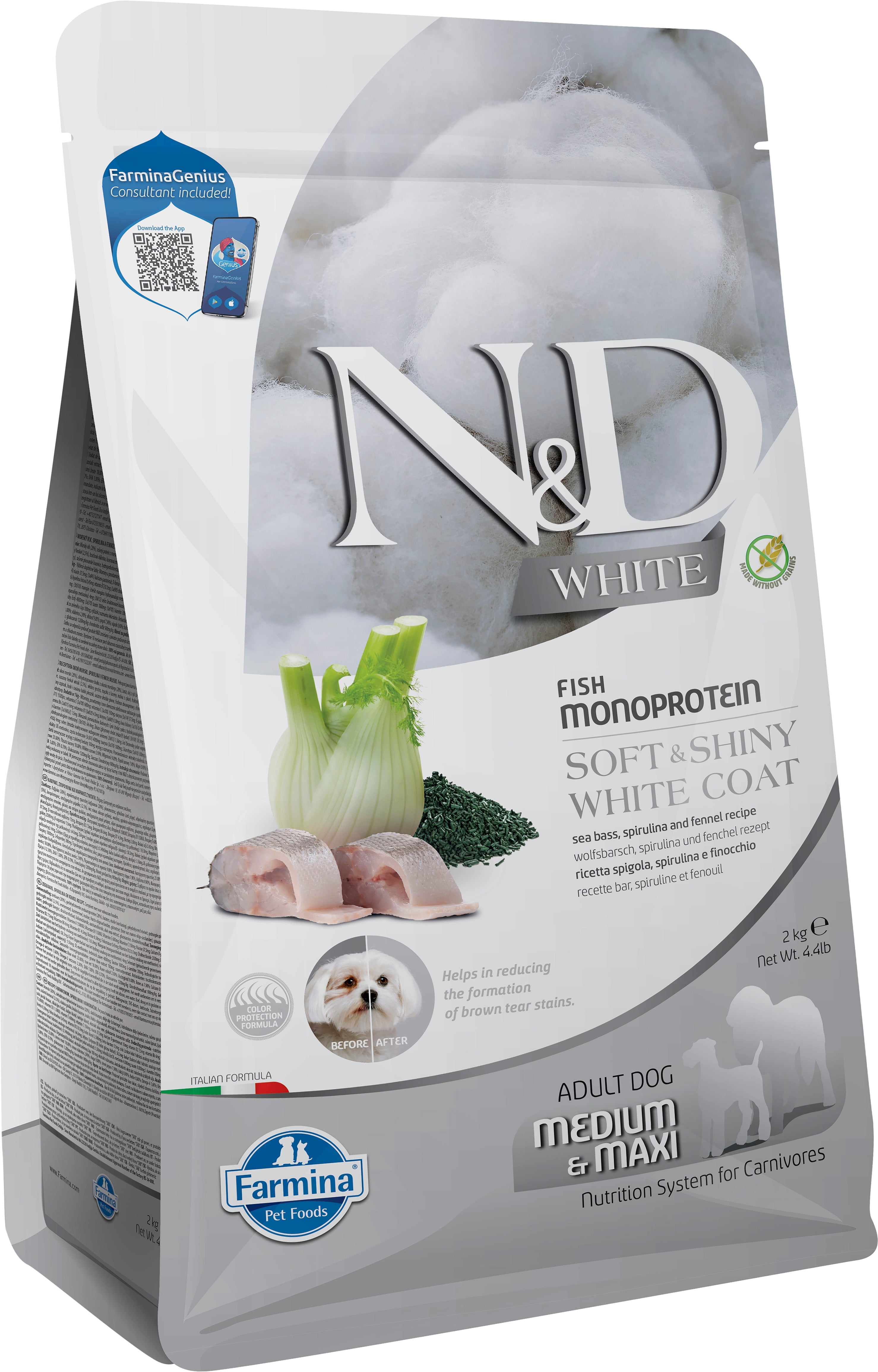 Farmina N&D Dog — White Lubina, Hinojo & Spirulina Adult Med/Max 2Kg — 8010276044662