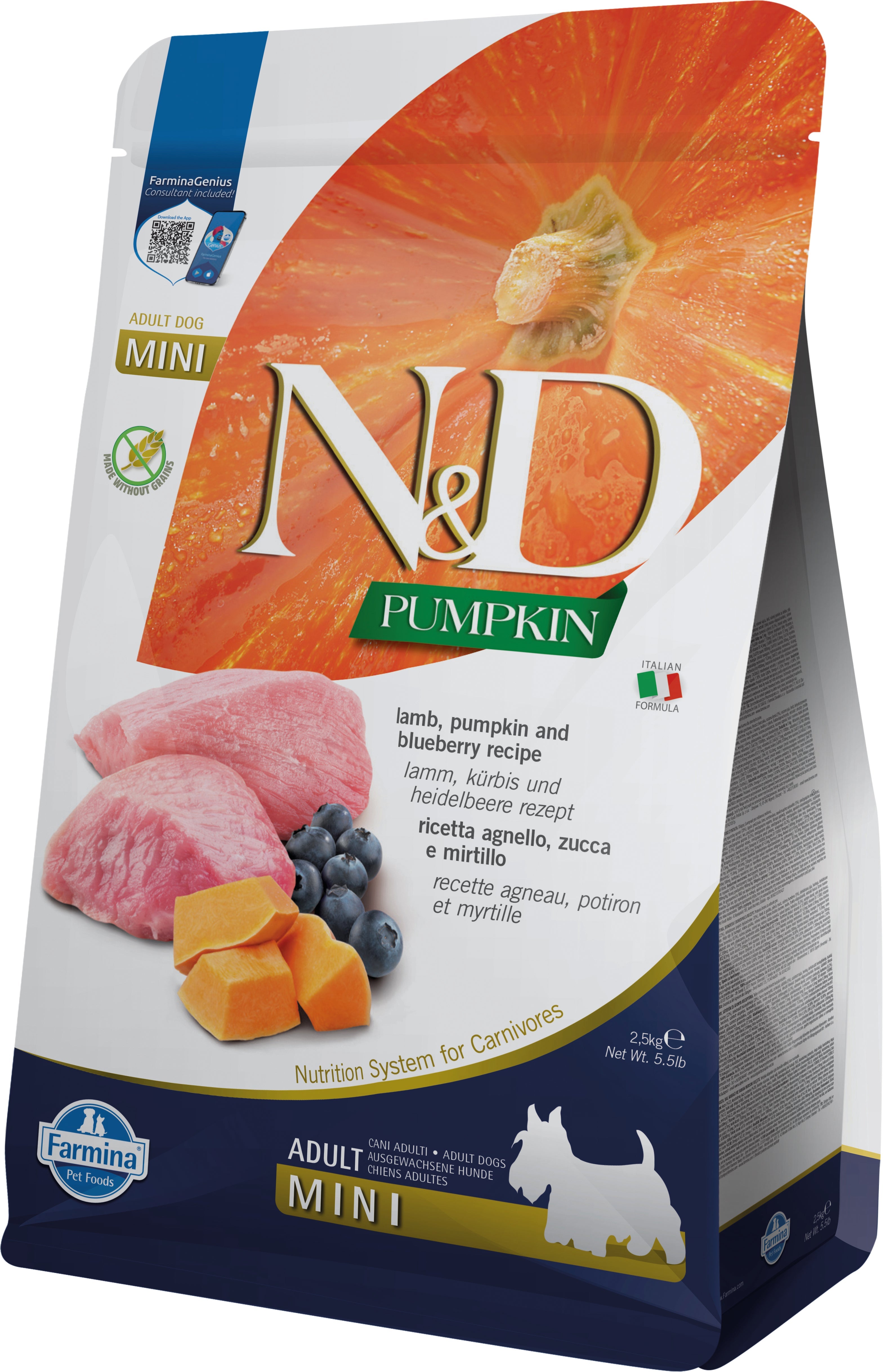 Farmina N&D Dog — Pumpkin Cordero & Arandano Adult Mini 2,5Kg — 8010276033277