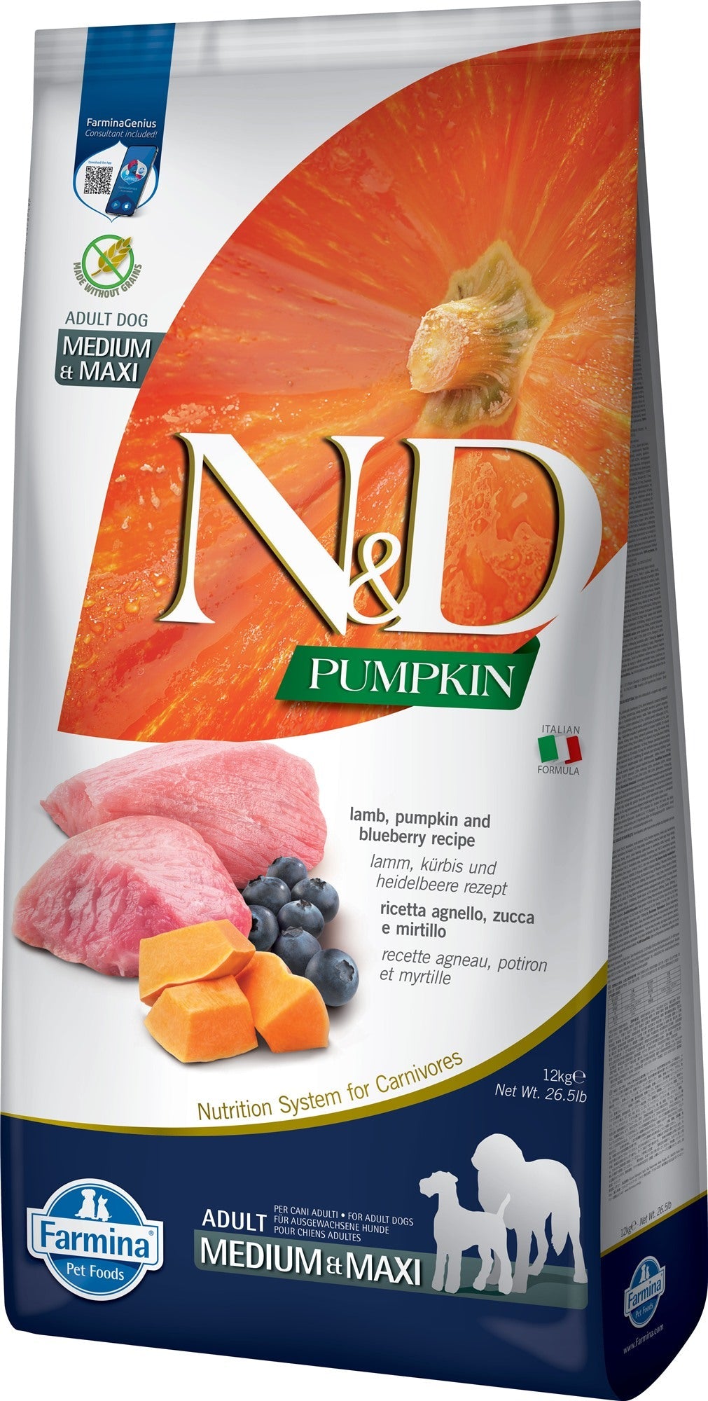 Farmina N&D Dog — Pumpkin Cordero & Arandano Adult Med/Max 12Kg — 8010276033369