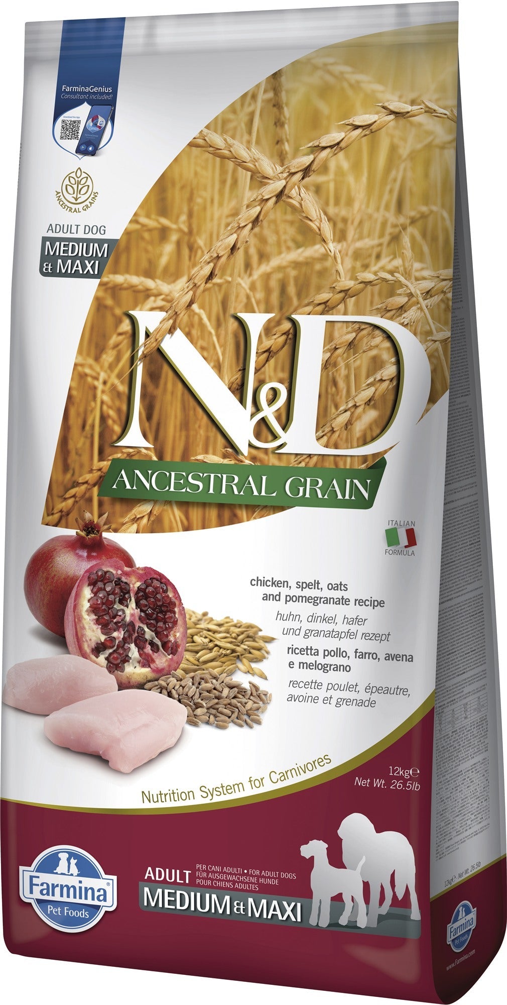 Farmina N&D Dog — Ancestral Pollo, Cereales Y Granada Adult Med/Max 12Kg — 8010276036247