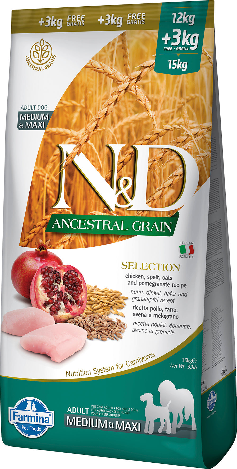Farmina N&D Dog — Ancestral Pollo & Granada Adult Med/Max 15Kg — 8010276038135