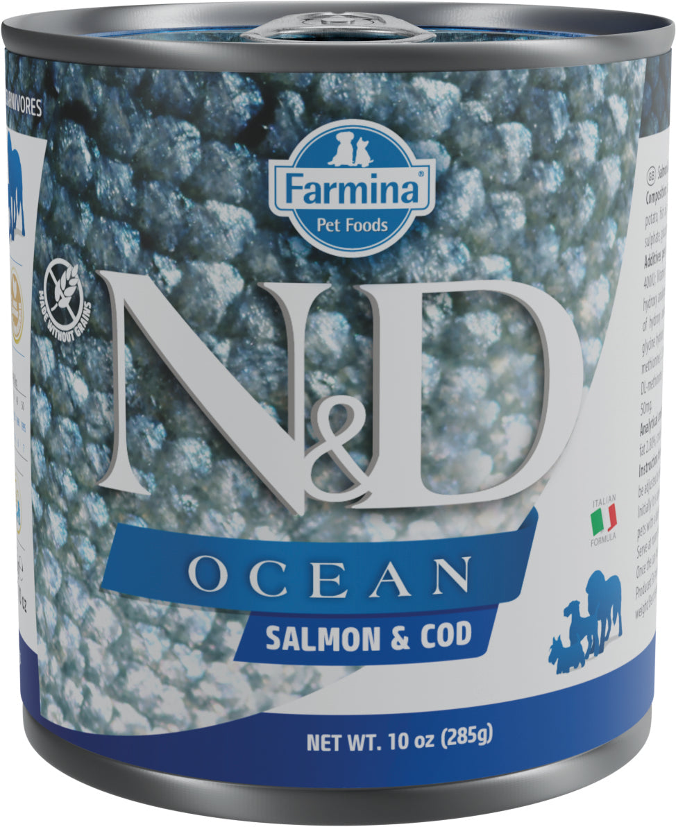 Farmina N&D Dog — Ocean Salmon & Bacalao Adulto Lata 285Gr — 8606014102475