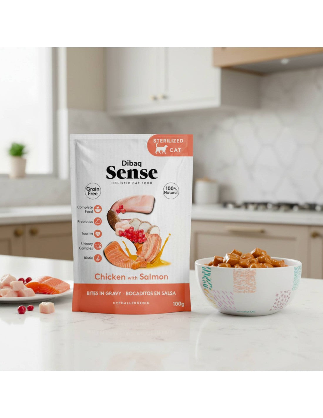 Dibaq Sense Bocaditos en Salsa de Pollo con Salmón para gatos adultos esterilizados