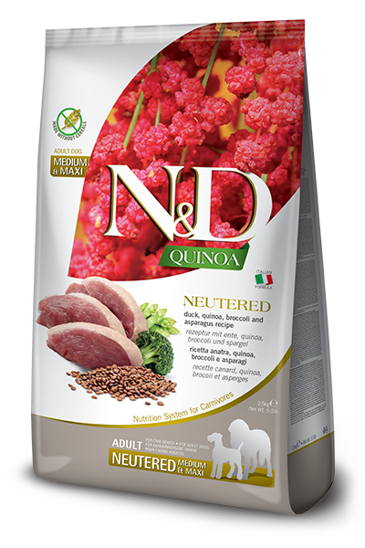 Farmina N&D Quinoa Dog Neutered — Pato, Brócoli y Espárragos
