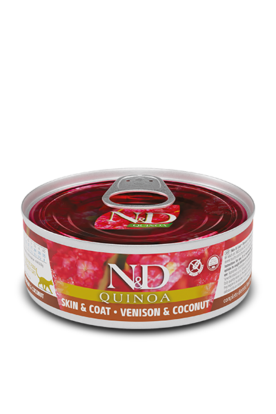 Farmina N&D Quinoa Cat Húmedo — Skin & Coat Ciervo y Coco 80g