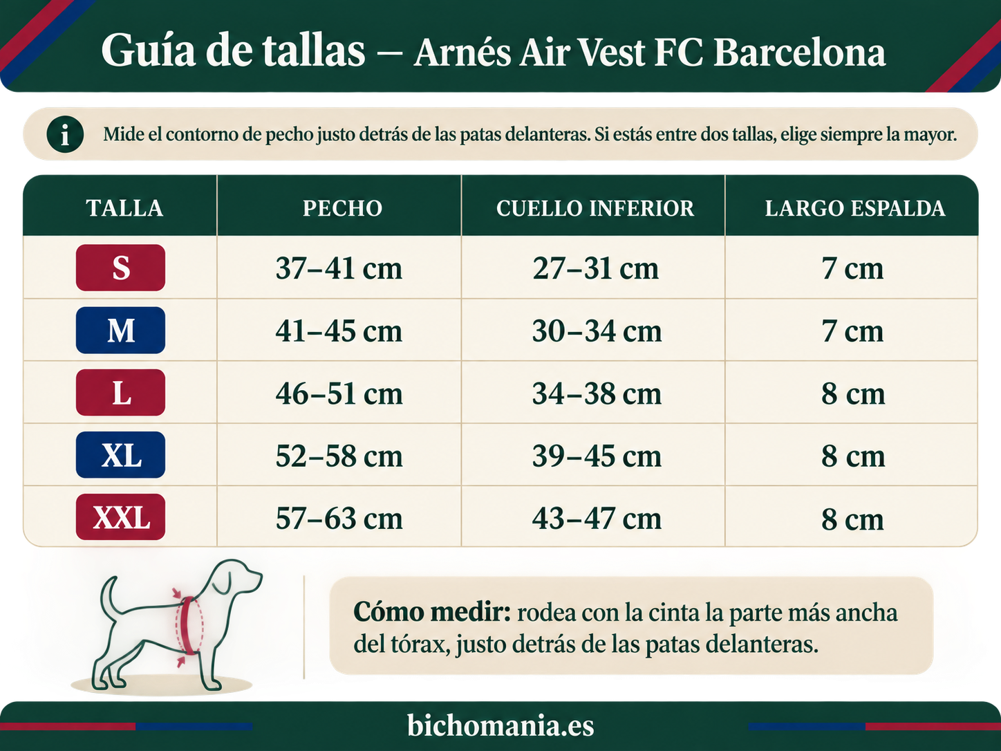 Guía de tallas del arnés Air Vest FC Barcelona Max & Molly para perros
