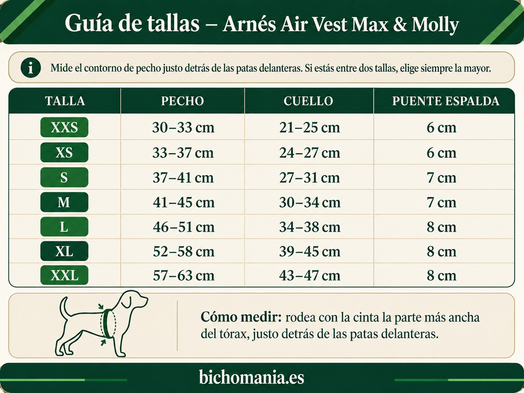 Guía de tallas del arnés Air Vest Max & Molly: medidas de pecho, cuello y puente de espalda