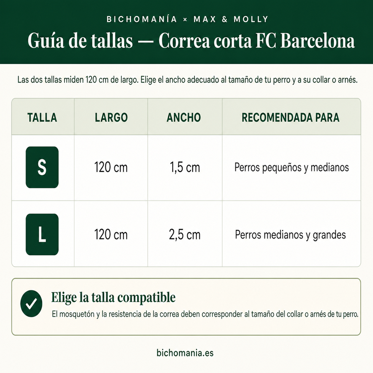 Guía de tallas de la correa corta FC Barcelona Max & Molly