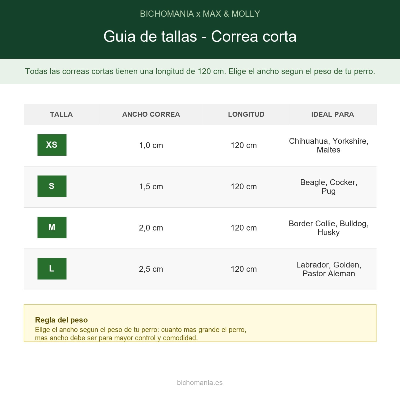Correa Corta Coffee Break Max & Molly para perros - guia de tallas