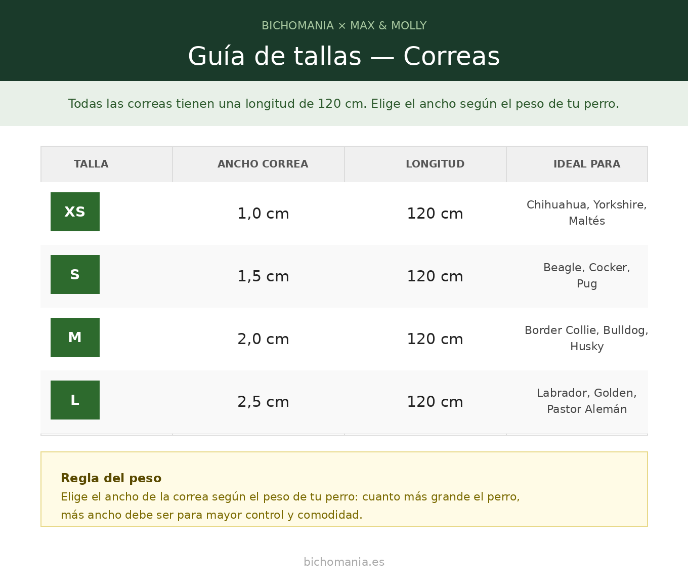 Guia de tallas correas Max & Molly para perros