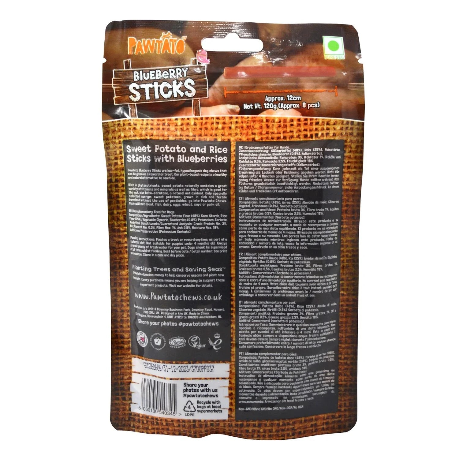 Sticks blueberry pawtato Benevo para perros